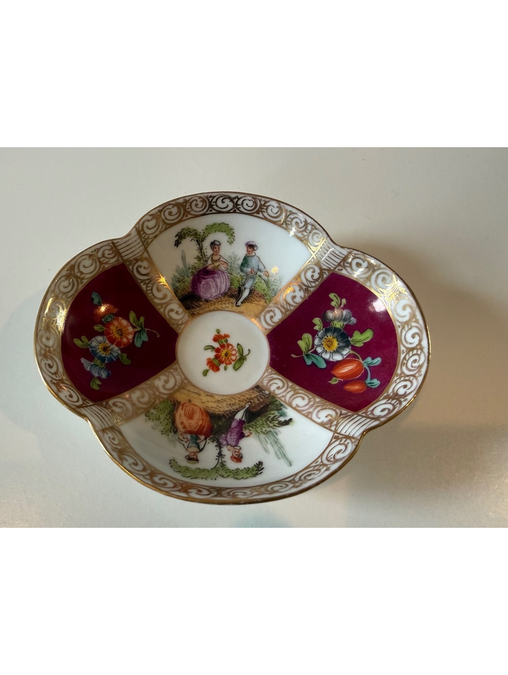 Vintage Dresden Porcelain Bowl Courting Scenes Magenta Floral Gold Gilt